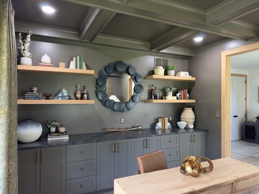 Painted dining room built-in with floating oak shelves